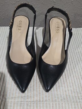 GUESS Black Pointed Slingback Heels with Gold Accent